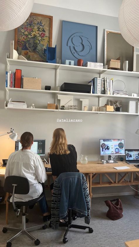 Shared Study Room, Graphic Design Studio Workspaces, Drawing Desk Setup, Office In Kitchen, Minimalistic Desk Setup, Two Desk Home Office, Cute Office Ideas, Desk Set Up Aesthetic, Two Person Home Office