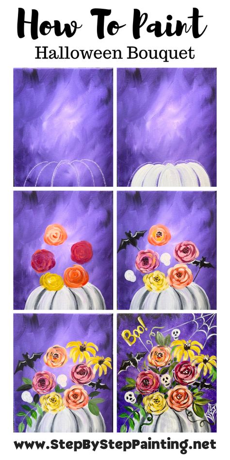 How To Paint A "Haunted Bouquet" - Acrylic Painting Tutorial Spooky Canvas Painting Ideas Easy, Christmas Painting Tutorial, Flower Painting Techniques, Simple Flower Painting, Tracie Kiernan, Bat Decor, American Flag Painting, Fall Canvas Painting, Easy Flower Painting