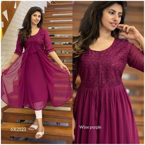 New arrival - handwork kurti Faux Georgette western long kurti with attached blazer transparent net golden piping n beeds design *@ 1150/-* Size : M/L/XL/XXL Length : 49" Lining : Yes Front pleated V neck Item code : 7Y2040 Net Kurti, Long Kurti, Illusion Neckline, Party Wear Dresses, Neck Designs, New Arrival, Piping, Party Wear, Maxi Dress