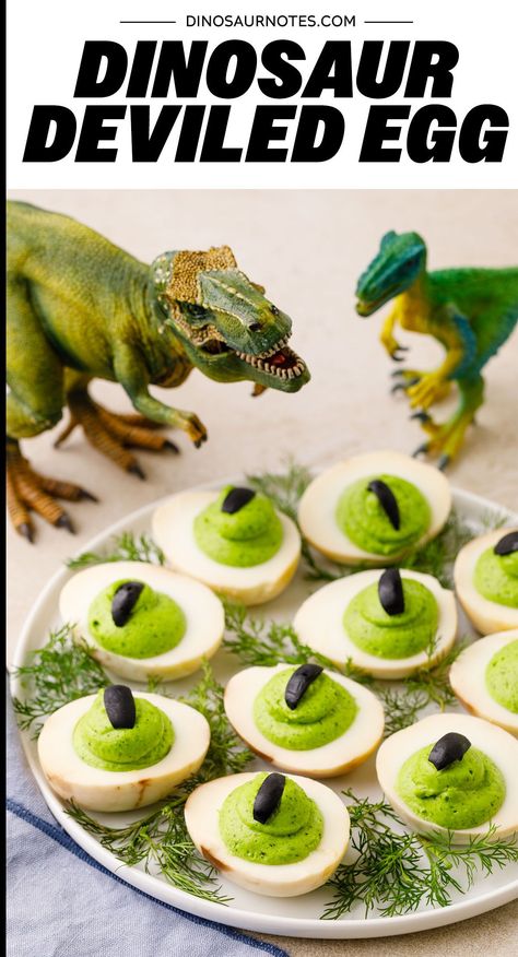 Whip up these Dinosaur Deviled Eggs for an easy dinosaur themed appetizer or snack! Simple, quick, and SO YUMMY. Dinosaur Deviled Eggs, Dinosaur Birthday Party Snacks, Dino Themed Food, Dinosaur Food Ideas, Dino Snacks, Apple Food Art, Dinosaur Themed Food, Dino Party Food, Dinosaur Birthday Party Food