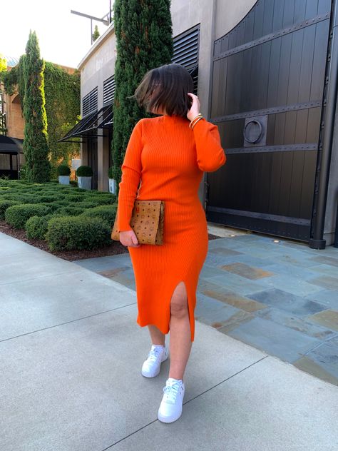 Long Bodycon Dress Outfit Casual Sneakers, Midsize Knit Dress, Orange Knit Dress Outfit, Orange Dress Fall Outfit, Red Dress Fall Outfit, Sweater Dress Outfit With Sneakers, Fitted Dress With Sneakers, Fall Midi Dress Outfit, Sweater Dress With Sneakers