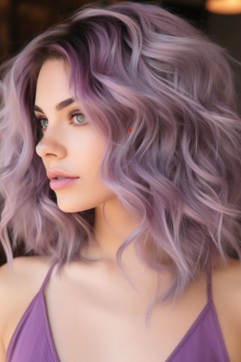 Grey Lilac Hair, Purple Blonde Balayage, Lilac Hair Highlights, Lavender Highlights Brown Hair, Smokey Lilac Hair, Pastel Hair Color Ideas, Lilac Grey Hair, Purple Blonde Hair, Lilac Hair Color