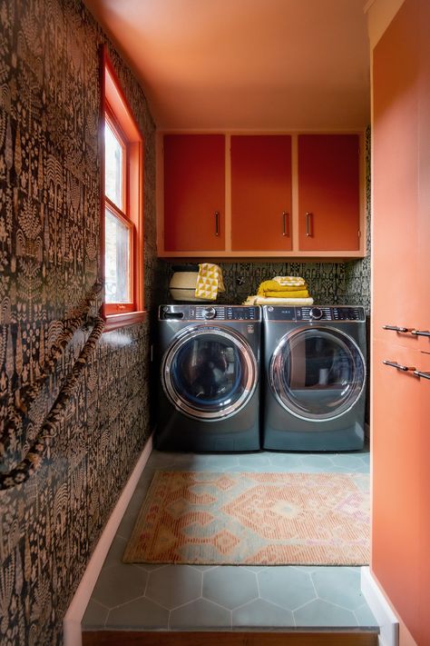 Before and After - Laundry Room Makeover | Justina Blakeney Terra Cotta Bathroom, Terra Cotta Color Palette, Tan Paint Colors, Terracotta Walls, Dark And Moody Bedroom, Justina Blakeney, Grey Headboard, Old Cabinets, Brown Furniture