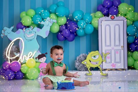 Monsters Inc Photo Shoot, Monsters Inc Cake Smash, Monster Inc Cakes, Monsters Inc University, Cake Smash Theme, One Year Pictures, Monster Inc Birthday, Baby Birthday Themes, Monster Inc