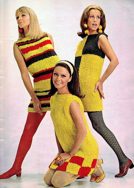 Mod 60s, Go Go fashions #sixties  vintage 1960s dresses red yellow black shift dress knit nubby sweater stripes checks tights hair shoes style color photo print ad models magazine 60s 1960s Mod Fashion, 1960s Dresses, 1960 Fashion, Vintage Needlework, Fall Fashion Skirts, 60s 70s Fashion, Mary Quant, Fashion 1960s, Mod 60s