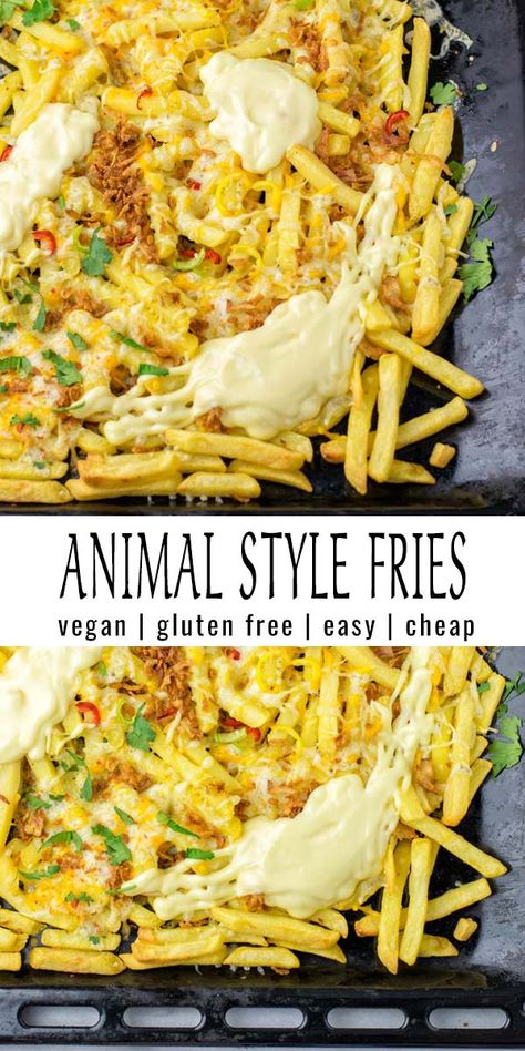 Vanlife Meals, Animal Style Fries Recipe, Contentedness Cooking, Animal Style Fries, Homemade Fries, Vegan Party Food, Dairy Free Diet, Vegan Sides, Vegan Appetizers