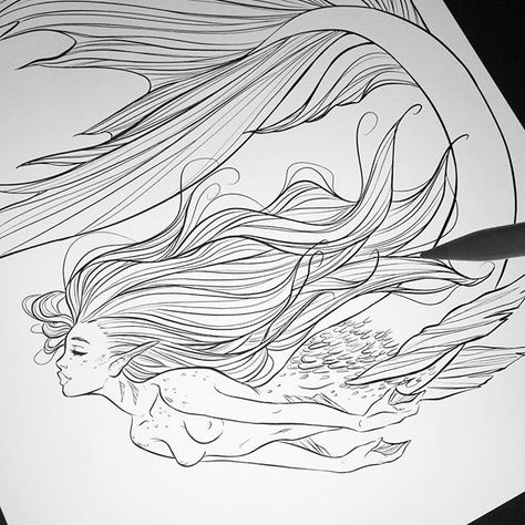 A lot of you guys have already guess what I'm working on! More news soon to come! made with procreate on the iPad Pro Sleeping Mermaid Drawing, Mermaid Pen Drawing, Mermaid On Beach Drawing, Mermaid Swimming Drawing, Siren Tattoo, Captured Mermaid Drawing, Mermaid Swimming, Adult Colouring Printables, Mermaid Tattoo