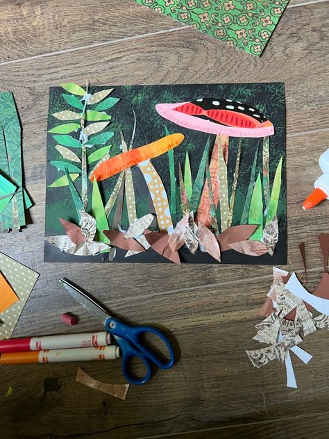 Mushroom Art Kindergarten, Collage House Art, Habitat Art Projects For Kids, Grade 1 Art Activities, Steam Art Lessons, Mushroom Art Projects, Mushroom Collage Art, Kids Collage Art, Forest Collage Art