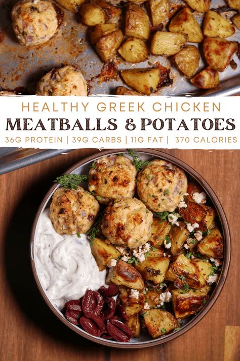 Sheet Pan Greek Meatballs, Meatballs And Potatoes, Sheet Pan Greek Chicken, Gym Meals, Greek Chicken Meatballs, Pan Man, Greek Chicken And Potatoes, Crispy Roasted Potatoes, Macro Diet