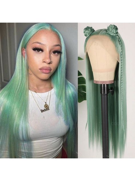 Mint Blue Synthetic Lace Front Wigs Glueless Long Silky Straight Hair 13x4 HD Transparent Lace Wigs For Women Light Blue Green Color Heat Resistant Fiber Hair Natural Hairline Baby Hair Daily  Party Cosplay Halloween UseI discovered amazing products on SHEIN.com, come check them out! Mint Green Lace Front Wig, Mint Wig, Silky Straight Hair, Wigs Glueless, Blue Green Color, Cosplay Halloween, Light Blue Green, Mint Blue, Synthetic Lace Front Wigs