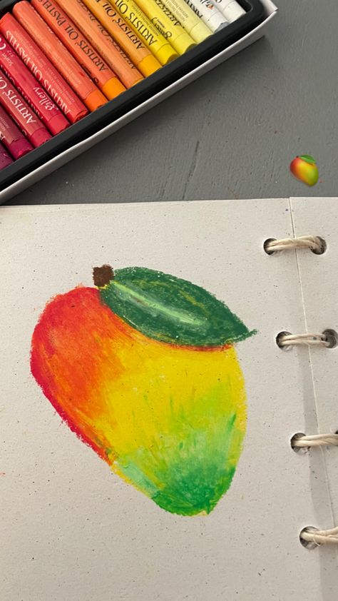 Easy Crayon Painting Ideas, Easy Drawings Crayons, Mango Oil Pastel Drawing, Still Life Pastel Drawing, Crayola Crayon Drawing Ideas, Oil Pastel Art Cute, Oil Pastel Food, Mango Drawings, Oil Pastel Fruit