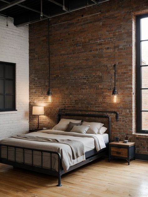 Industrial bedroom ideas with exposed brick walls, metal accents, and utilitarian decor #BedroomIdeas #BedroomDesign Industrial Bedroom Ideas, Brick Bedroom, Industrial Bedroom Design, Industrial Style Bedroom, Grey Bedroom Furniture, Masculine Bedroom, Industrial Bedroom, Bedroom Bliss, Industrial Interior Design