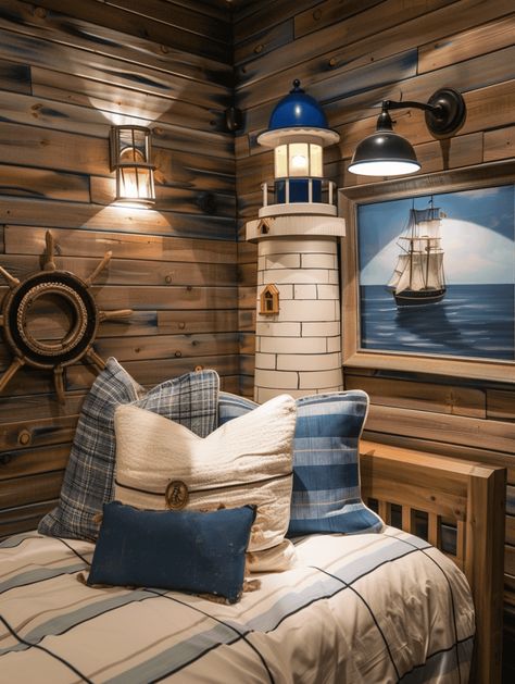 Nautical Bedroom Ideas: Coastal-Inspired Decor Dark Nautical Bathroom, Dream Lakehouse, Nautical Bedroom Ideas, Sailor Room, Nautical Interior Design, Botanical Mural, Nautical Themed Bedroom, Boat Bed, Cabin Room