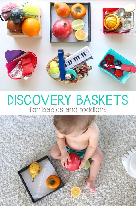 Discovery Baskets for Babies and Toddlers | Mama.Papa.Bubba. Sensory Basket, Infant Sensory Activities, Infant Classroom, Baby Sensory Play, Baby Sitting, Baby Play Activities, Baby Learning Activities, Montessori Baby, Toddler Play