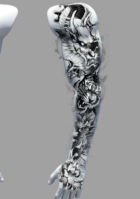 Koi Fish And Dragon Tattoo Sleeve, Koi Fish Dragon Tattoo Sleeve, Koi Full Sleeve Tattoo Design, Japanese Koi Sleeve Tattoos, Japanese Dragon Sleeve Tattoos, Dragon Full Sleeve Tattoo Design, Japanese Dragon Arm Tattoo, Koi Fish Dragon Tattoo, Japanese Tiger Tattoo Sleeve