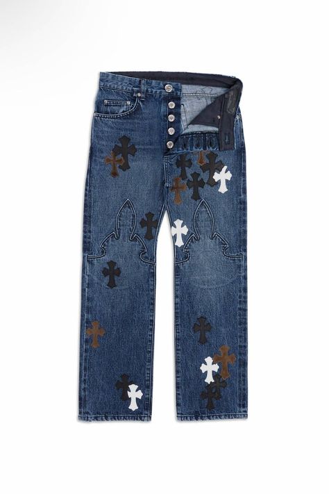 Chrome Hearts CROSS PATCH FLEUR KNEE STRAIGHT LEG SELVEDGE DENIM 31 | Grailed Chrome Jeans, Cross Patch Jeans, Supra Sneakers, Cross Patch, Blue Chrome, Patch Jeans, Mcqueen Fashion, Men's Bottoms, Blue Pin