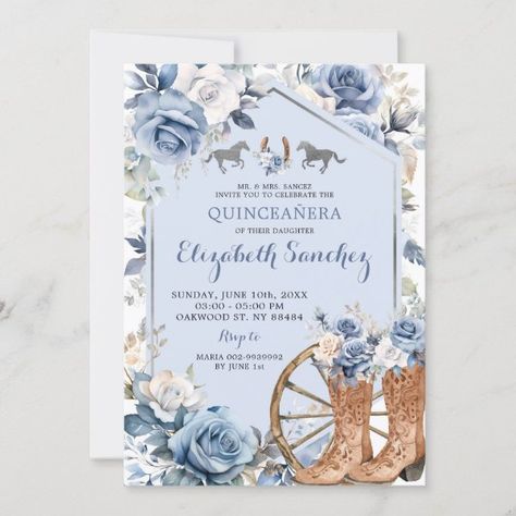 Silver and Dusty Blue Western Charra Quinceañera Invitation Rose Gold Quinceanera Theme, Gold Quinceanera Theme, Quince Decorations Ideas, Blue Quinceanera Theme, Light Blue Quince, Rose Gold Quinceanera, Quinceanera Theme, Quinceanera Themes Dresses, Quinceanera Photoshoot