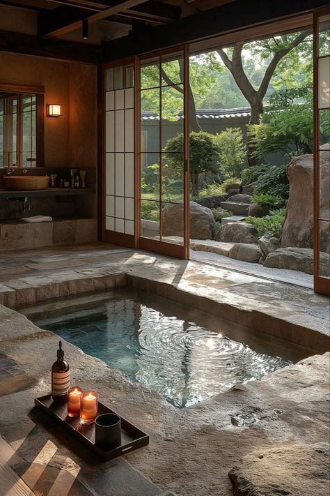 Onsen Style Bathroom, Bathroom With Couch, Asian Themed Bathroom, Japanese Hotel Interior, Japanese Home Inspiration, Japanese Spa Bathroom, Japanese Design Interior, Asian Style Bathroom, Asian Inspired Bathroom