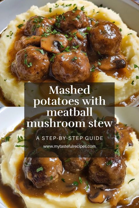 his mashed potatoes with meatball mushroom stew recipe is the ultimate comfort food. The creamy mashed potatoes pair perfectly with the savory meatballs and rich mushroom gravy, making it a satisfying and filling meal for any occasion. Meatball And Mashed Potatoes, Meals With Mushrooms, Meatballs Over Mashed Potatoes, Meatball Mushroom, Savory Meatballs, Over Mashed Potatoes, Parmesan Meatballs, Mushroom Stew, Lobster Bisque