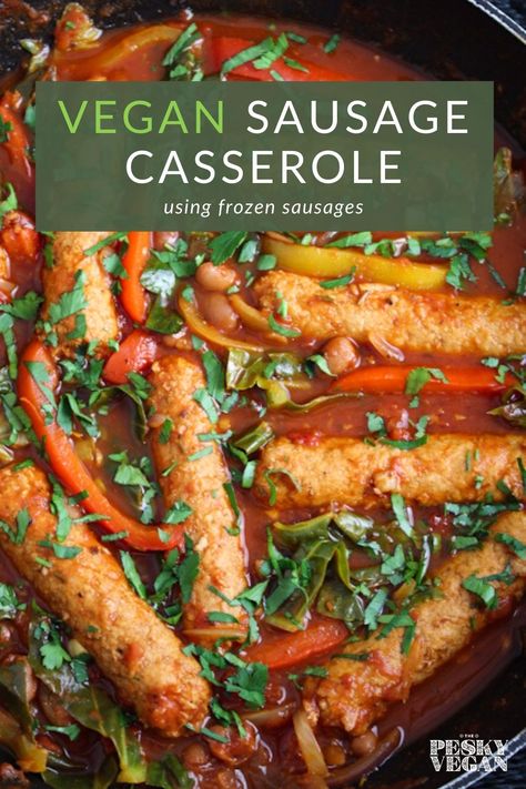 Featuring veg, herbs, and a tomato-based sauce, this vegan sausage casserole is a hearty and healthy meal that's packed full of flavour. #vegan #vegansausage #meatfree #vegetarian #veganstew #vegandinner Vegan Sausage Stew, Vegan Sausage Casserole, Beyond Meat Sausage Recipes, Italian Sausage Casserole, Vegan Sausage Recipe, Lentils And Sausage, Food Healing, Sausage Pie, Gumbo Recipe Sausage