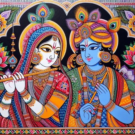 Krishna Kalamkari Painting, Lord Krishna Madhubani Painting, Kalamkari Painting On Canvas, Radha Krishna Madhubani Art, Traditional Madhubani Art Krishna, Radharani Painting, Madhubani Paintings Traditional Krishna, Madhubani Art Krishna, Madhubani Radha Krishna