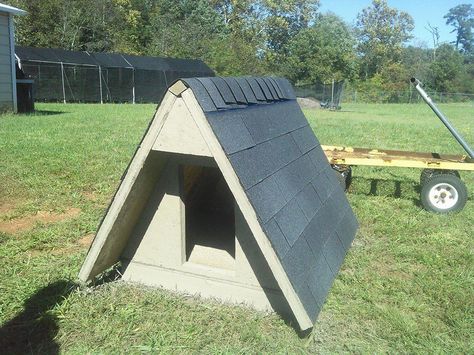 This doghouse is suitable for a small to medium-sized dog with a 9 square foot base. I purchased my materials at Home Depot. Note that the doghouse uses an existing floor--in my case, an outdoor deck--so no base is included in this plan. If you need a base, purchase additional materials as required. Tools needed: hammer or cordless drill, table saw, circular saw, jigsaw, tin snips, small paintbrush Materials List: 1 sm. box approx. 1-1/2 roofing nails 1 sm. box approx. 2 1/2" galvanized commo... A Frame Dog House, Dog House Diy Outdoor, Luxury Dog Kennels, Pallet Dog House, Insulated Dog House, Dog Kennel Designs, Build A Dog House, Dog Kennel Cover, Kennel Cover