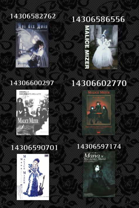 Goth poster decal bloxburg mana sama vkei malice mizer roblox Goth Roblox Decal Id, Bloxburg Goth Bedroom, Royale High Halloween Pfp Codes, Emo Codes For Bloxburg, Royale High Decal Id Codes Pfp Halloween, Anime Roblox Id Codes, Goth Bloxburg Room, Rock Decals Bloxburg, Bloxburg Vampire House