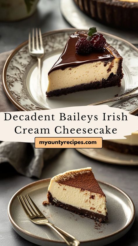 This cheesecake is infused with Baileys Irish Cream, creating a rich and velvety texture with a slight boozy kick. It’s the ultimate dessert for Baileys lovers, ideal for special occasions or holidays. Baileys Recipes Desserts, Irish Cheesecake, Baileys Irish Cream Cheesecake, Irish Cream Cheesecake, Baileys Dessert, Baileys Irish Cream Recipes, Baileys Cake, Irish Cream Recipe, Baileys Cheesecake