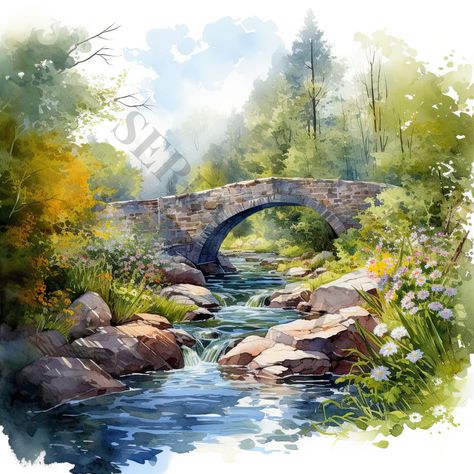 Welcome to the collection of the Bridge Over The Stream Watercolor Clipart - set of truly beautiful stone bridges that will light up your project and also your day. This collection of cliparts contains 14 JPG images, providing you with the best possible value for your money.  Expand your creative horizons by incorporating these extraordinary digital paper images into your digital craft stash. Embrace a world of limitless possibilities as you effortlessly apply them to a multitude of mediums, inc Bridge Clipart, Bridge Painting, Website Graphics, Stone Bridge, Over The River, Pictures To Paint, Watercolor Landscape, Watercolor Clipart, Beautiful Paintings