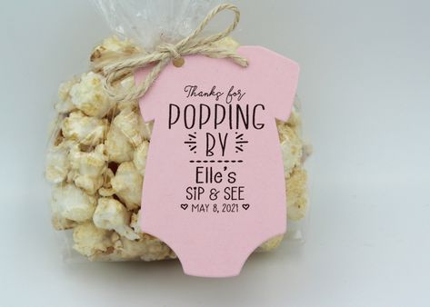 "Popcorn SIP & SEE Favor ---------------------------------------------------------------------- ORDER AS: A) Tags ONLY (2 ½\" x 3 ½\")  ---OR--- B) DIY Kit - KITS  Include:   - Tags    - Clear Bags- 4 x 2 x 8    - Tie - 1 yard per 4 tags (ties will need to be cut to 9\" by buyer) NO FAVORS ARE INCLUDED PLEASE NOTE: Tags are formatted for print & cannot be changed except the personalized lines.  Also it is not possible to add lines.  PRODUCTION IS 7 DAYS AND NORMAL SHIPPING IS 3-5 DAYS. Upgrading Baby Boy Sip And See, Popcorn Baby Shower, Popcorn Baby Shower Favors, Baby Shower Popcorn, Popcorn Favors, Mustache Baby Shower, Mini Champagne Bottles, Sip And See, Baby Shower Favors Girl