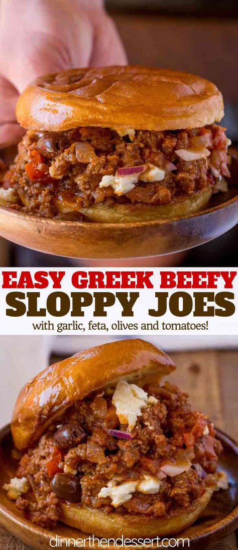 Greek Sloppy Joes made with ground beef, tomato gravy, feta cheese, and kalamata olives on a toasted brioche bun will melt in your mouth and are ready in less than 30 minutes! #DinnerThenDessert #SloppyJoes #SloppyJoe #GroundBeef #GreekFood #GreekRecipes Feta And Ground Beef, Ground Beef And Feta Recipes, Loose Meat, Beef Tomato, Brioche Bun, Tomato Gravy, Sloppy Joes Recipe, Hamburger Recipes, Greek Dishes