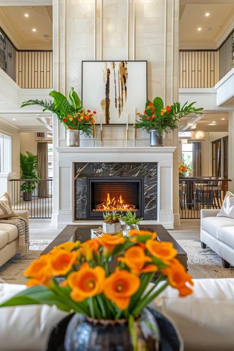 Elevating Style: 2 Story Fireplace Ideas Unveiled Two Story Living Room Fireplace, Updating Fireplace, 2 Story Fireplace Ideas, 2 Story Fireplace, Diy Cabana, Two Story Fireplace, Window Frame Mirror, Burgundy Living Room, Sectional Sofa Slipcovers