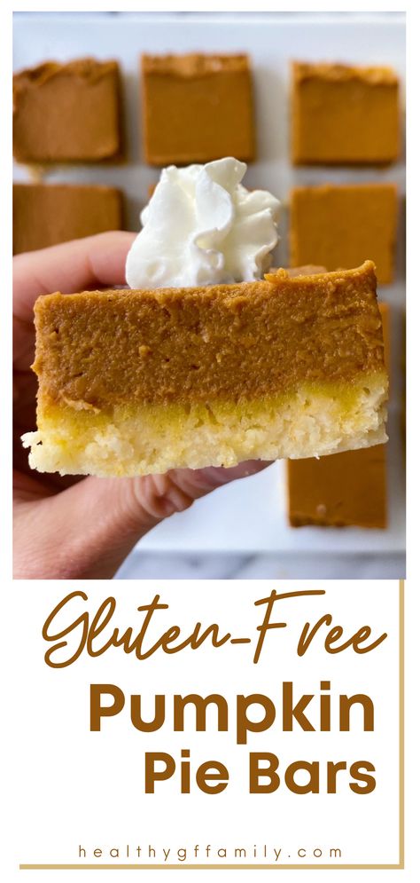 Pumpkin Pie in a bar! A shortbread cookie base + a luscious and creamy pumpkin layer makes for a delicious gluten-free treat! Perfect anytime but especially around the holidays. Plus they are dairy-free optional and super EASY to make. Gluten Free Pumpkin Pie Bars, Gluten Free Pumpkin Desserts, Gluten Free Pumpkin Bars, Dairy Free Pumpkin Pie, Gf Sweets, Gluten Free Pumpkin Pie, Dairy Free Pumpkin, Cookie Base, Easy Gluten Free Desserts