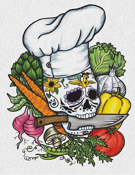 Koch Tattoo, Cooking Tattoo, Culinary Tattoos, Painting With Texture, Chef Tattoo, Food Tattoos, Day Of The Dead Art, Skull Artwork, Desenho Tattoo