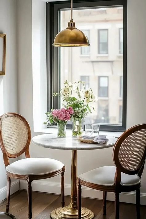 The Tiny Apartment Guide to a Cozy Bistro Corner 6 Studio Apartment Breakfast Nook, Paris Small Apartment, Corner Nook Living Room, Bistro Nook, Small Nyc Apartment Aesthetic, Small French Apartment, Tiny Parisian Apartment, Cozy Bistro, Small Nyc Apartment