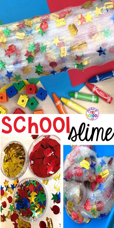 Back to school slime! A fun sensory experience for preschool, pre-k, and kindergarten. #slime #schoolltheme #preschool #prek Back To School Slime, Back To School Science Preschool, Back To School Theme Preschool, Back To School Sensory Bin, Back To School Science Activities, Back To School Sensory, Slime Activities, 3s Preschool, August Ideas