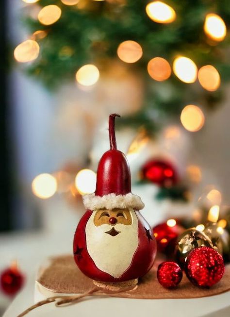 Elevate your festive decor with this charming Santa Miniature Gourd. Handcrafted from natural gourds, this small decoration boasts a big personality, and its red-and-white theme inspires a classic Christmas feel. With his warm smile and iconic white beard, Santa adds an inviting touch to any space. His tiny round base is perfect for snug spots that need holiday spirit. Lights aren't included, but a small tea light brings a cozy glimmer to Santa's carved features. Ideal as a gift, this unique dec Gourd Christmas Gnomes, Santa Claus Painted Gourds, Mini Gourds Decorating Ideas, Christmas Gourds Painted, Gords Crafts Ideas, Santa Gourds, Nativity Characters, Christmas Gourds, Snowman Gourds