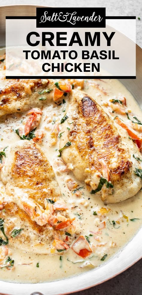 closeup of chicken in a skillet with text overlay that reads creamy tomato basil chicken Tomato Basil Chicken Crockpot, Creamy Tomato Basil Chicken, Tomato Basil Chicken Recipe, Basil Chicken Recipe, Pan Fried Chicken Breast, Easy Skillet Chicken, Elegant Dinners, Tomato Basil Chicken, Dorm Food