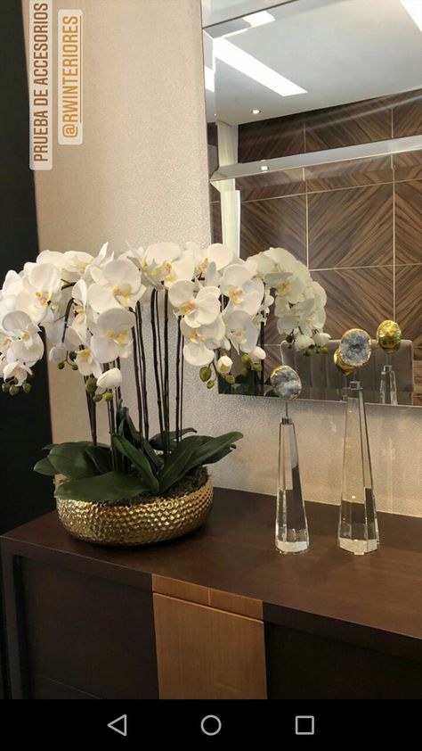 Fake Orchids Decor Home, Bathroom Artificial Plants Decor, Orchid Decor Living Room, Orchid Centerpiece Dining Room, Orchid Arrangements Ideas, Orchid Interior Design, Flowers For Living Room, Orchid Decor, Orchid Interior