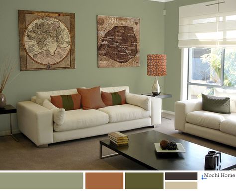 Warm sage green living room with rusty orange. See website for details. Sage Living Room, Sage Green Living Room, Brown Living Room Decor, Green Living Room, Furnitur Ruang Keluarga, Living Room Orange, Living Room Color Schemes, Rusty Orange, Trendy Living Rooms