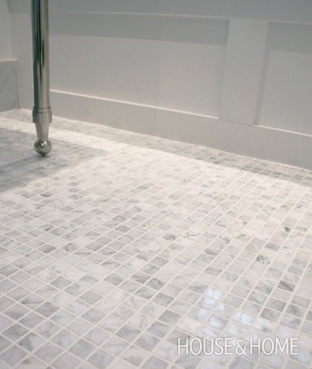 Marble Bathroom Floor Tiles | House & Home Mosaic Bathroom Floor, Fixer Upper Bathroom, Marble Bathroom Floor, Small Bathroom Tiles, Black White Bathrooms, Mosaic Bathroom, Marble Tile Floor, Bathroom Floor Tiles, Bathroom Remodel Ideas