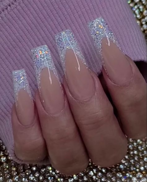 Sparkle French Tip Nails Coffin, Sparkly Coffin French Tip Nails, Pretty French Tip Nails Acrylic Coffin Glitter White, Coffin Shape French Tip Nails Glitter, Coffin Glitter French Tip Nails, White Sparkly Acrylic Nails Coffin, Glitter French Tips Coffin, White Glitter V Tip Nails, Silver Sparkly Nails Acrylic Coffin