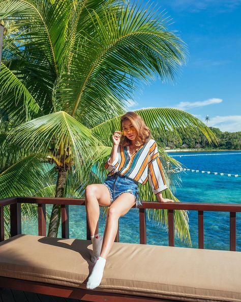 ️Enjoy the #seaview with @kryzzzie . ANTEM - Striped V-Neck Blouse (Green & Yellow) (US$ 12.9) 100% customers satisfied . Jeans Kingdom - Lace-Up Distressed Denim Shorts (US$ 12.26) 100% customers satisfied . Sock Kingdom - Heart-Embroidered Socks (US$ 3.71) 100% customers satisfied . Extra 10% off 1st purchase when you apply coupon YESSTYLE + Free worldwide shipping when you shop for US$35 or more! . Shop total outfit from our IG shop . *Shipping & coupon terms #YesStyle #L... Philippines Outfit, Kryz Uy, Conservative Outfits, Crop Top Outfits, Beach Poses, Beach Photoshoot, Distressed Denim Shorts, Green Blouse, V Neck Blouse