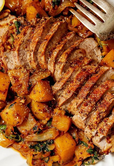 Autumn Pork Recipes, Fall Tenderloin Recipes, Low Fodmap Pork Tenderloin, Turkey Tenderloin Recipes, Fall Lunch, Mustard Pork Tenderloin, Butternut Recipes, Harvest Dinner, Turkey Tenderloin