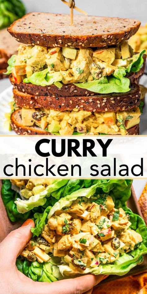 Switch up your classic chicken salad with this delicious and flavorful curry chicken salad! Juicy chicken, sweet raisins, crunchy cashews, and crisp celery come together in a creamy, curried dressing mixed with fresh cilantro. It's a unique twist with fantastic results! Curry Chicken Salad, Yummy Sandwiches, Keto Lunches, Chicken Salad Sandwich Recipe, Chicken Curry Salad, Easy Curry, Pine Kitchen, Wholesome Recipes, Chicken Salad Sandwich