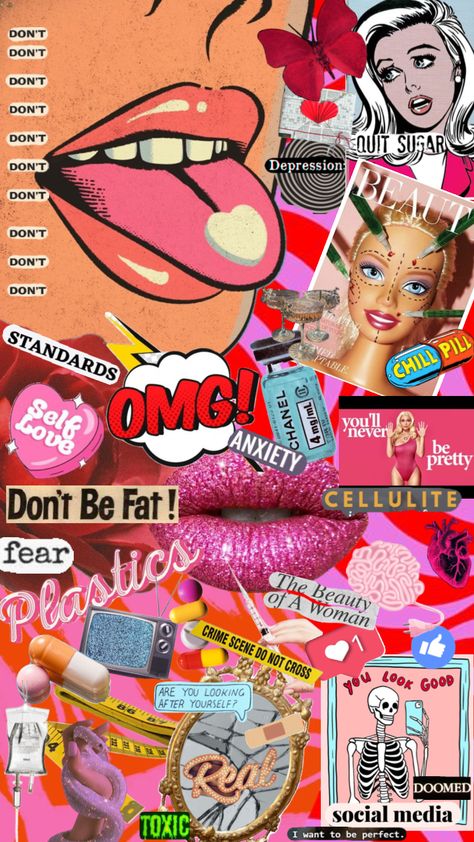 Beauty Standards Art, Diet Culture Collage, Protest Collage, Collage About Beauty Standards, Collage Art Feminist, Collage About Gender And Sexuality, Activist Collage Art, Surreal Collage Art, Pink Pages