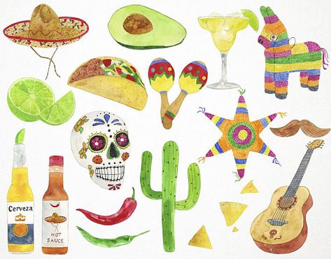 Mexican Watercolor, Mexico Clipart, Mexican Clipart, Social Artworking, Birthday Party Inspiration, Draw Color, Coloring Book Ideas, Fiesta Theme Party, Mexican Party Theme