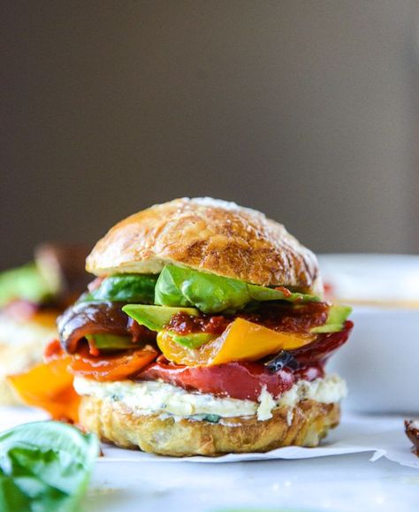 grilled veggie sliders on homemade pretzel buns I http://howsweeteats.com Red Pepper Vinaigrette, Veggie Sliders, Goat Cheese Spread, Pretzel Buns, Homemade Pretzel, Whipped Goat Cheese, Veggie Burgers, Roasted Red Pepper, Grilled Veggies