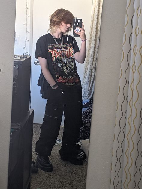 Picture from 2021 Grunge Outfits Men Drawing, Metalhead Men Outfit, Metalhead Aesthetic Outfit Men, Ftm Alternative Fashion, Goth Style Outfits Men, Alt Men Style, Pretty Outfits Male, Grunge Transmasc Outfits, Men’s Goth Outfits