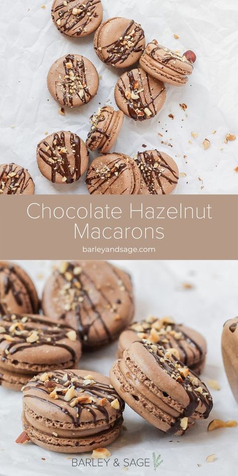 These chocolate macarons are filled with Nutella buttercream and topped with drizzled dark chocolate and chopped hazelnuts. Plus get all my tips, tricks, and tools for making perfect French macarons at home! Hazelnut Macarons, Nutella Macarons, Hazelnut Dessert, French Macaroon Recipes, Macaron Recipes, French Macarons Recipe, Sage Recipes, Nutella Buttercream, Chocolate Macarons